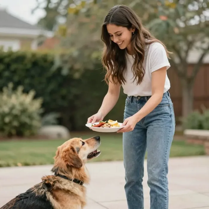 Cuidadora sirviendo comida a un golden retriever al aire libre