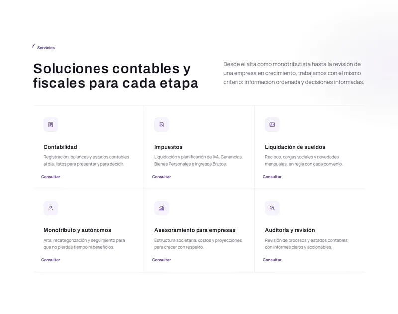 Grilla de servicios del estudio Savarese